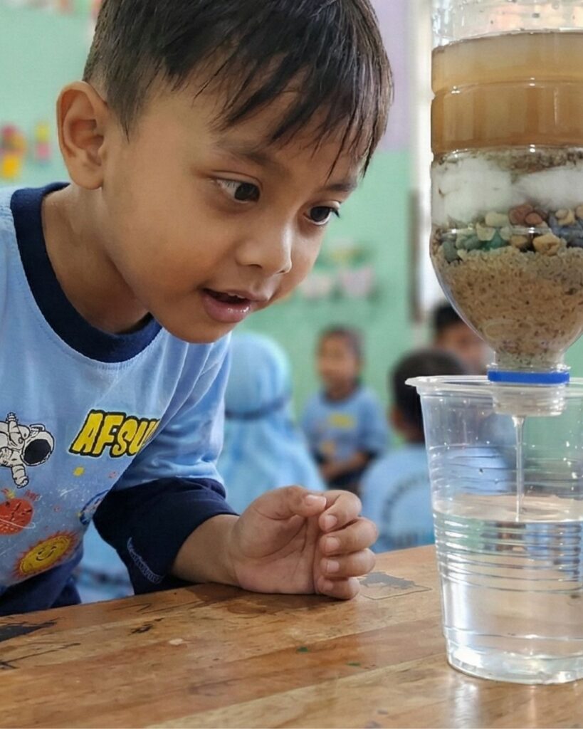 praktik steam paud mengamati filter air di tk it impianku malang