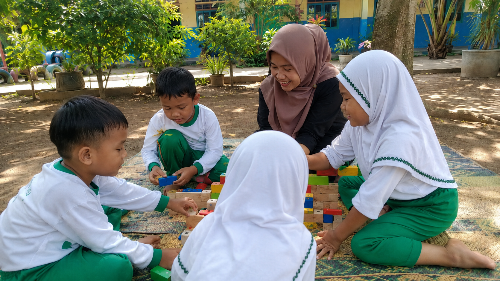anak belajar sambil bermain dengan balok di luar kelas
